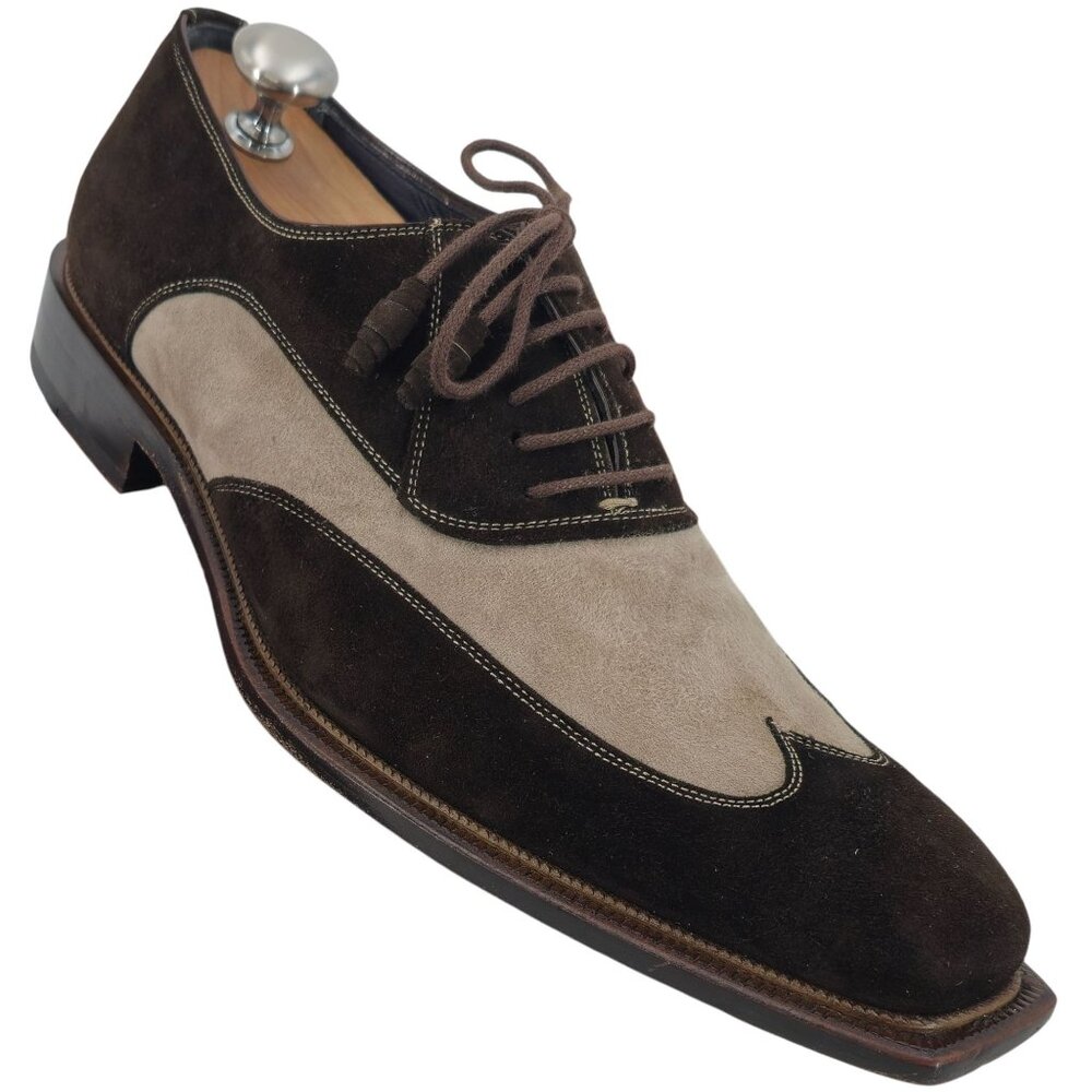 Mezlan Spain Mens size 9.5 Brown Beige Suede Leather Wingtip Oxfords Dress Shoes - Picture 5 of 12